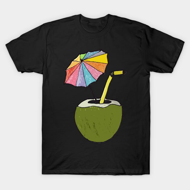 Hand drawn coconut drink with colorful umbrella drink T-Shirt by WatercolorFun